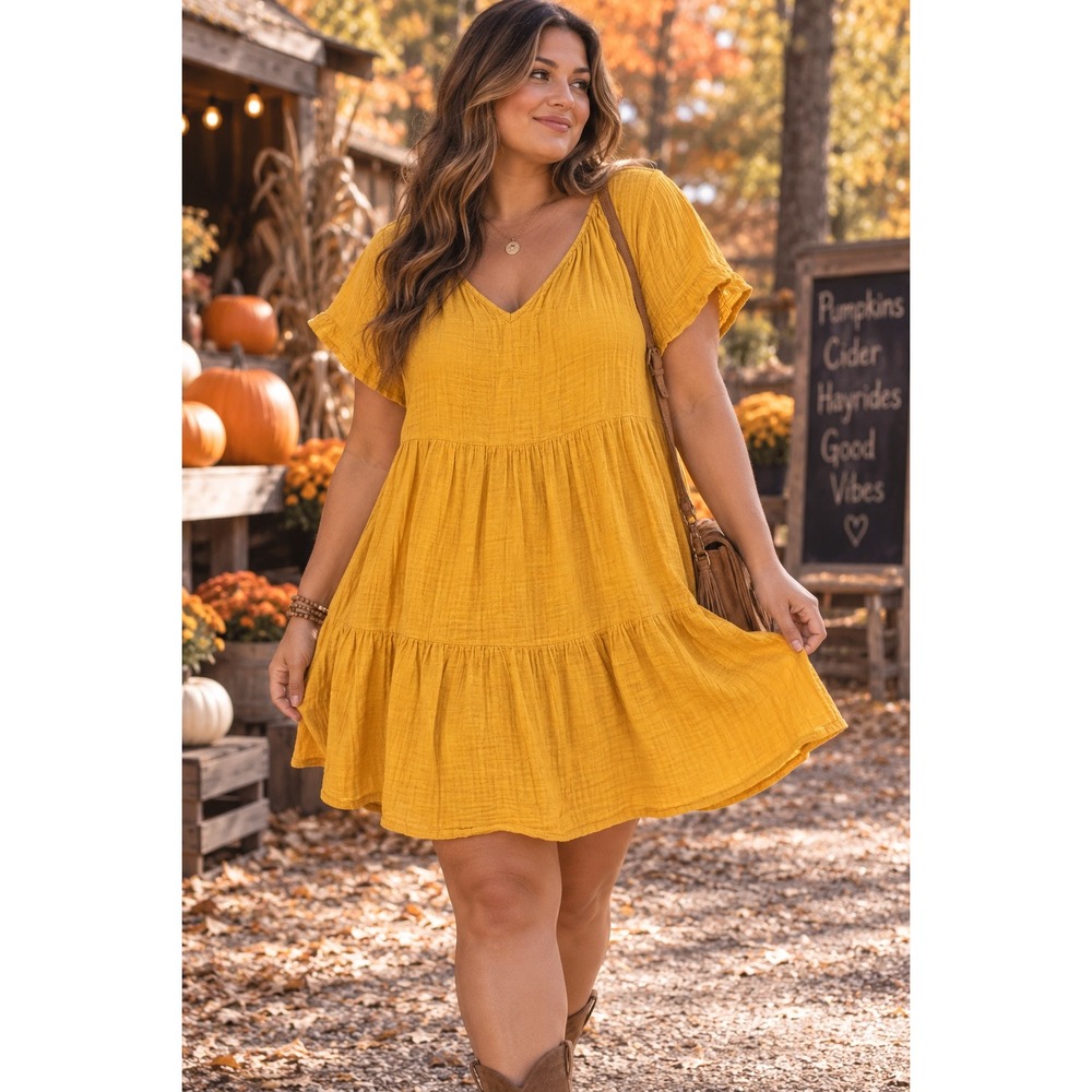 Knox Rose Mustard Yellow Tiered Cotton Gauze Mini Dress XXL Boho Mustard Yellow